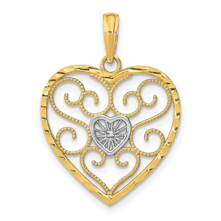 Lovely Rita's Charms & Pendants 14k Yellow Gold Rhodium Filigree Beaded Heart Pendant