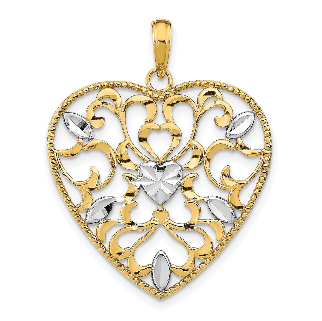 Lovely Rita's Charms & Pendants 14k Yellow Gold Rhodium Filigree Leaf Accent Heart Pendant