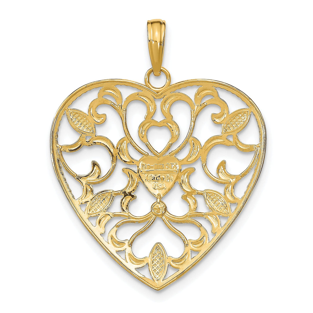 Lovely Rita's Charms & Pendants 14k Yellow Gold Rhodium Filigree Leaf Accent Heart Pendant
