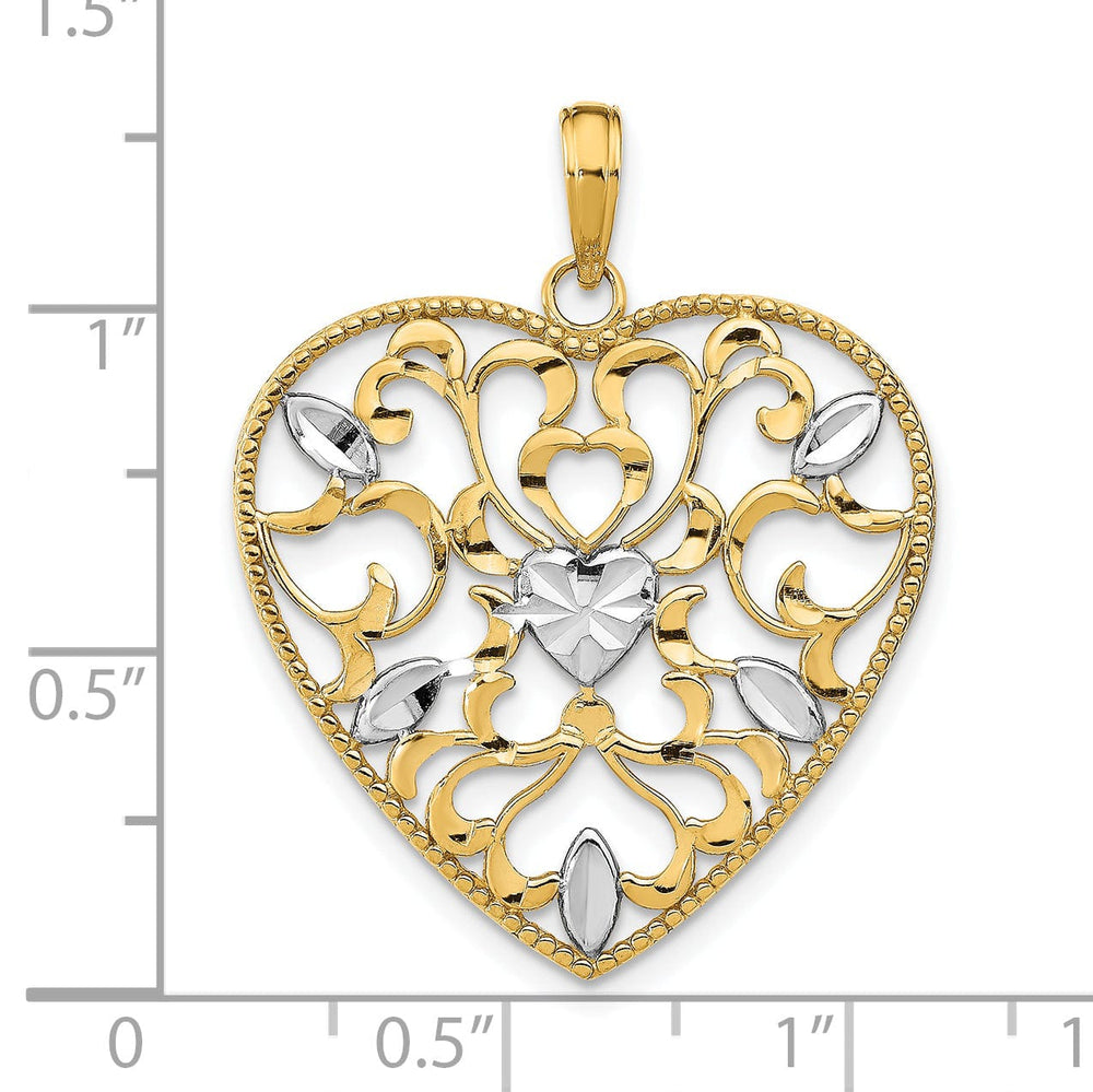 Lovely Rita's Charms & Pendants 14k Yellow Gold Rhodium Filigree Leaf Accent Heart Pendant