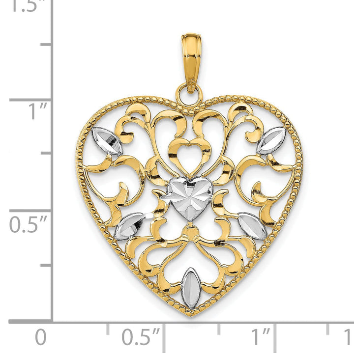 Lovely Rita's Charms & Pendants 14k Yellow Gold Rhodium Filigree Leaf Accent Heart Pendant