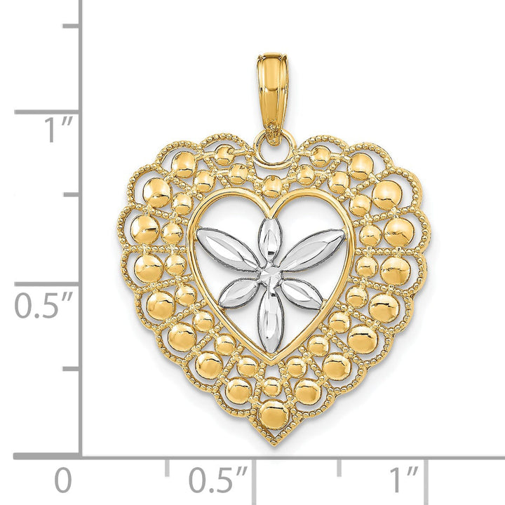 Lovely Rita's Charms & Pendants 14k Yellow Gold Rhodium Flower and Beaded Heart Pendant