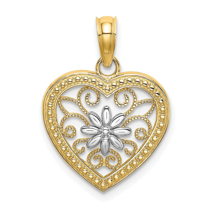 Lovely Rita's Charms & Pendants 14k Yellow Gold Rhodium Textured Heart Flower Filigree Pendant