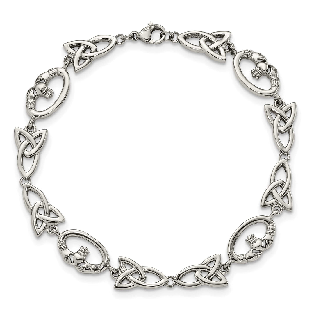 Chisel Stainless Steel 7.75" Claddagh and Trinity Knot Bracelet