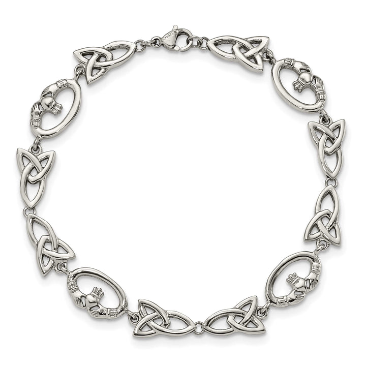 Chisel Stainless Steel 7.75" Claddagh and Trinity Knot Bracelet