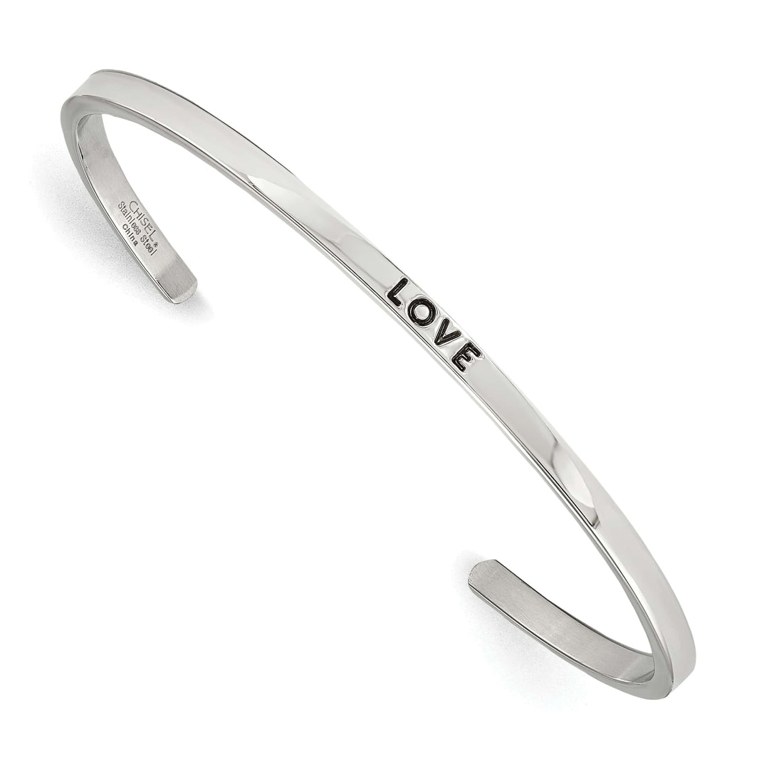 Chisel Stainless Steel and Enameled with Crystal LOVE 3mm Cuff Bangle