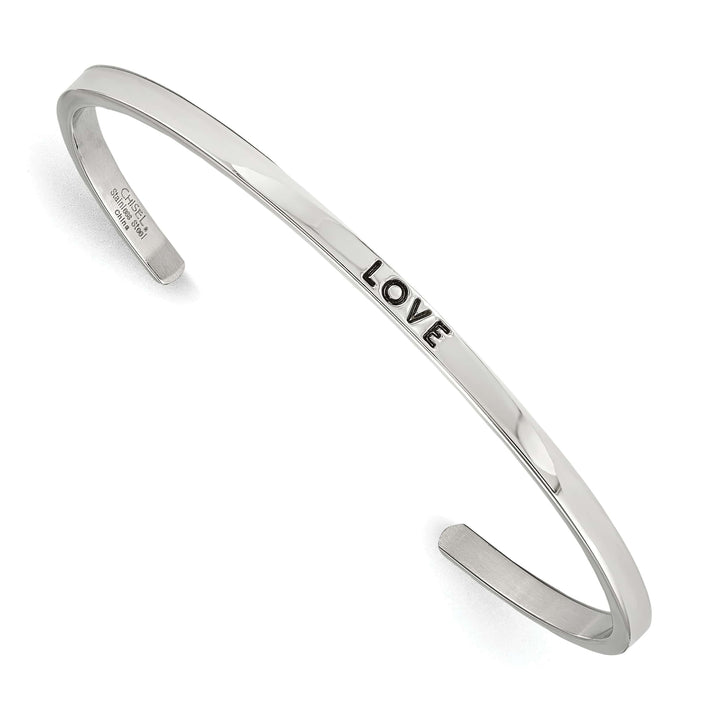 Chisel Stainless Steel and Enameled with Crystal LOVE 3mm Cuff Bangle