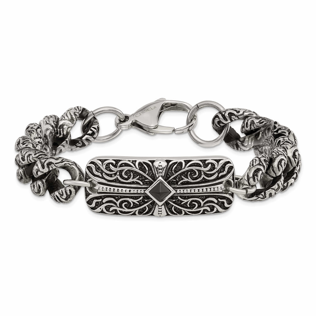 Chisel Stainless Steel and with Black Agate 9" Fancy Link Bracelet