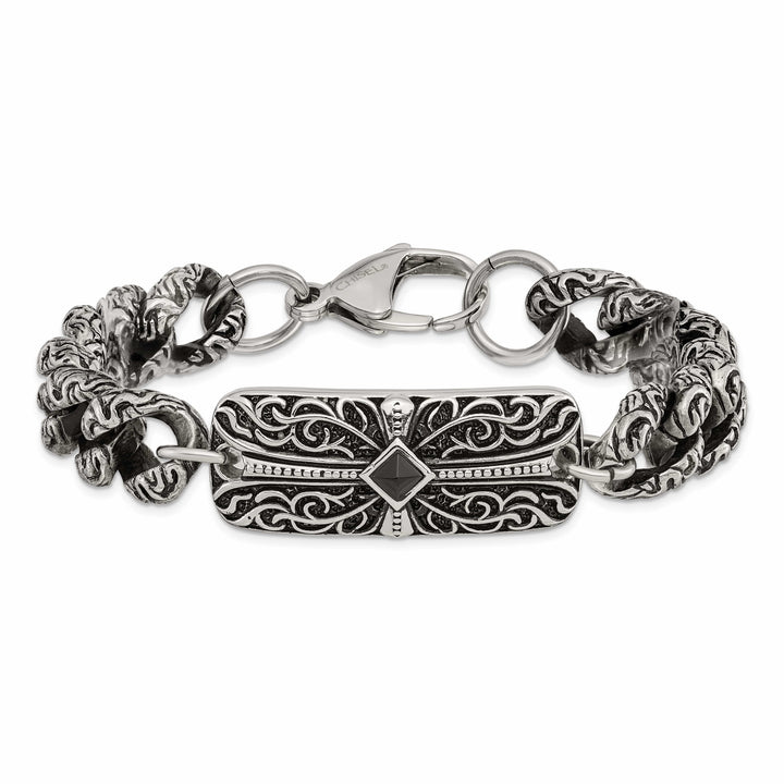 Chisel Stainless Steel and with Black Agate 9" Fancy Link Bracelet