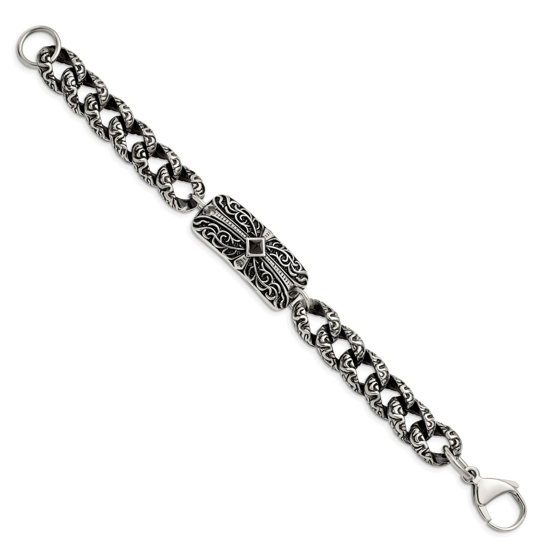 Chisel Stainless Steel and with Black Agate 9" Fancy Link Bracelet