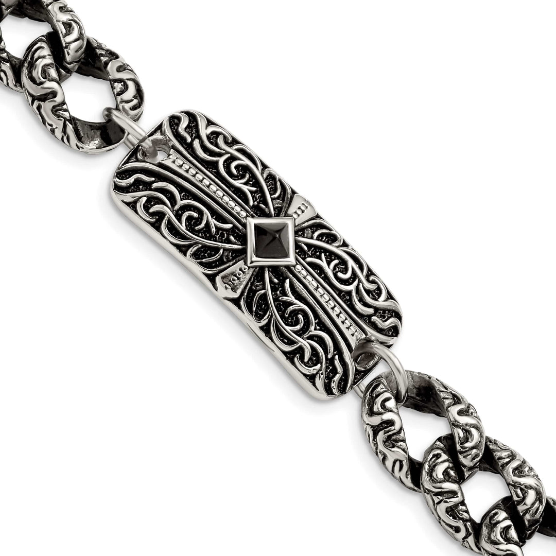 Chisel Stainless Steel and with Black Agate 9" Fancy Link Bracelet