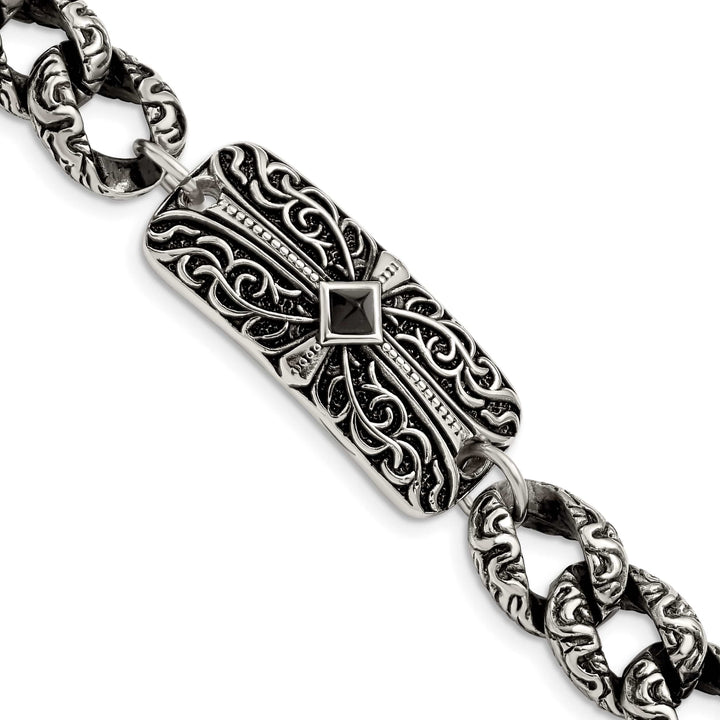 Chisel Stainless Steel and with Black Agate 9" Fancy Link Bracelet