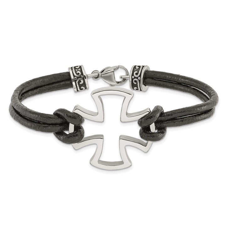 Chisel Stainless Steel Antiqued and Cross Black Leather 8.25" Bracelet