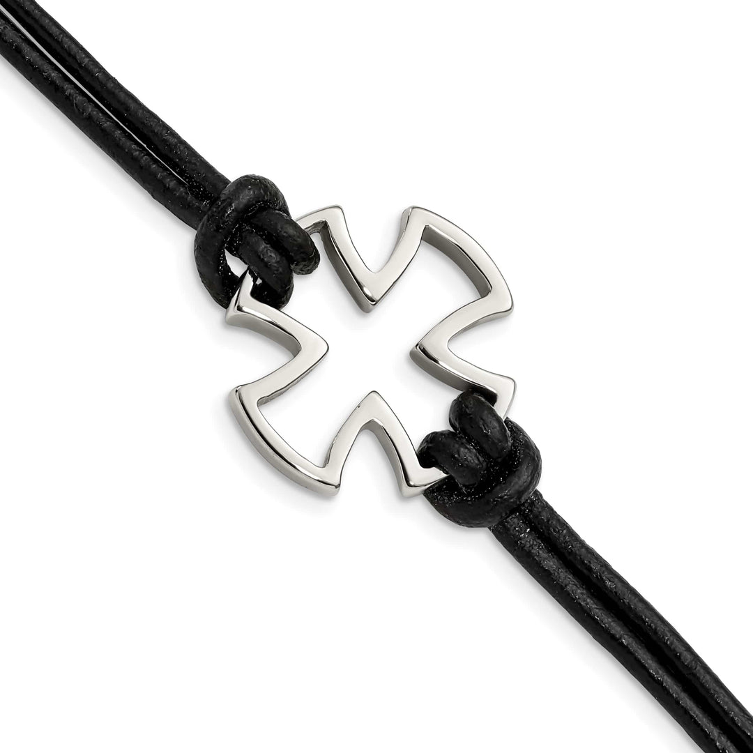 Chisel Stainless Steel Antiqued and Cross Black Leather 8.25" Bracelet