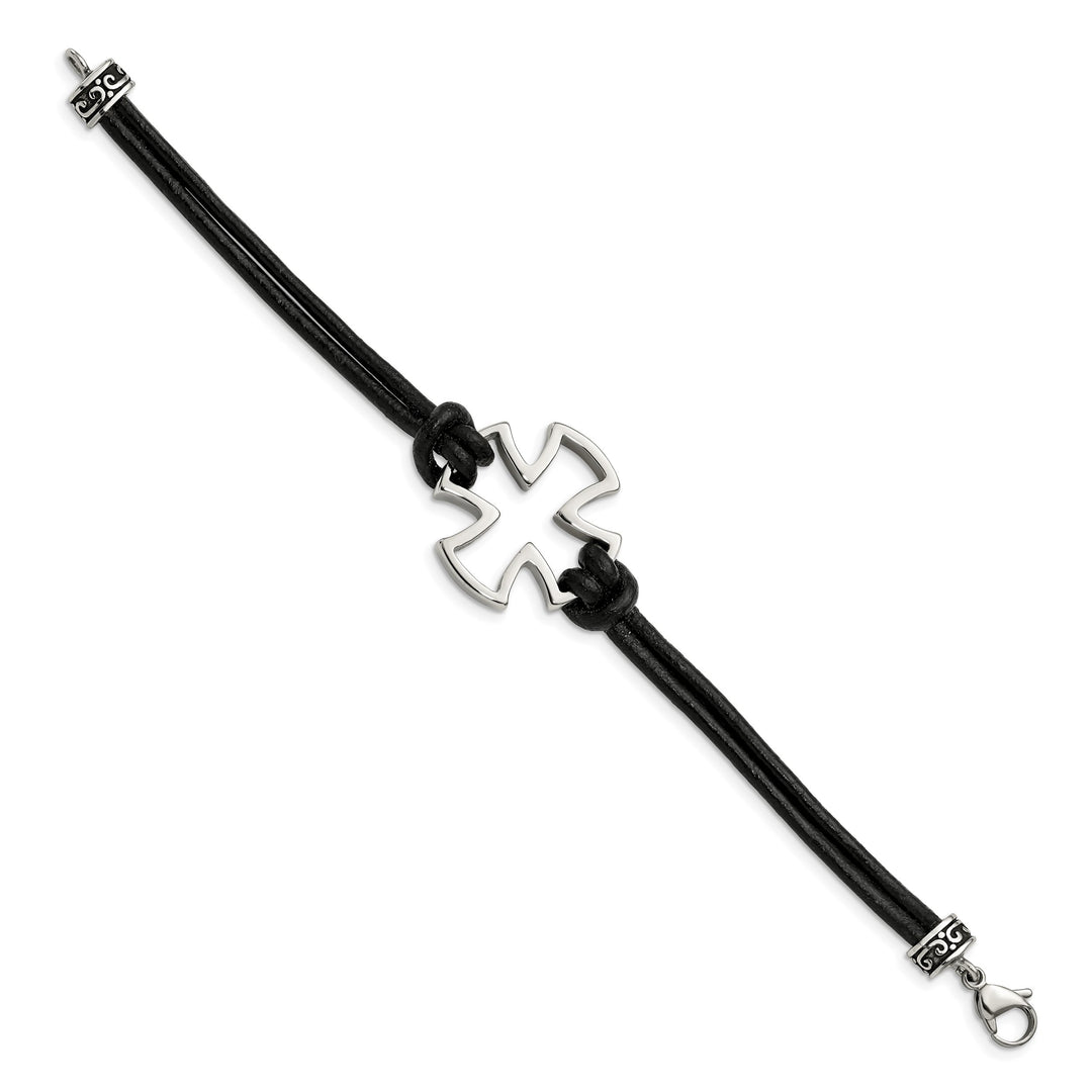 Chisel Stainless Steel Antiqued and Cross Black Leather 8.25" Bracelet