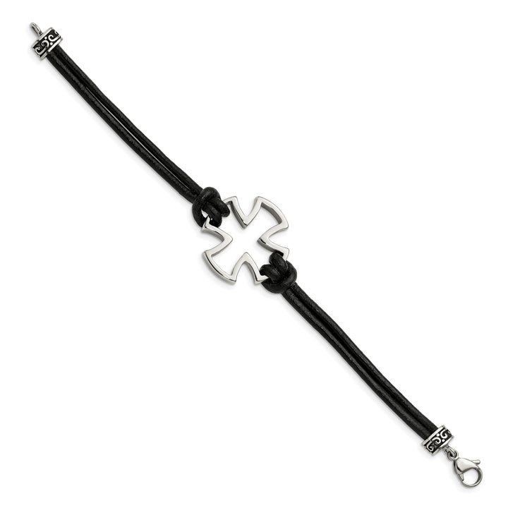 Chisel Stainless Steel Antiqued and Cross Black Leather 8.25" Bracelet