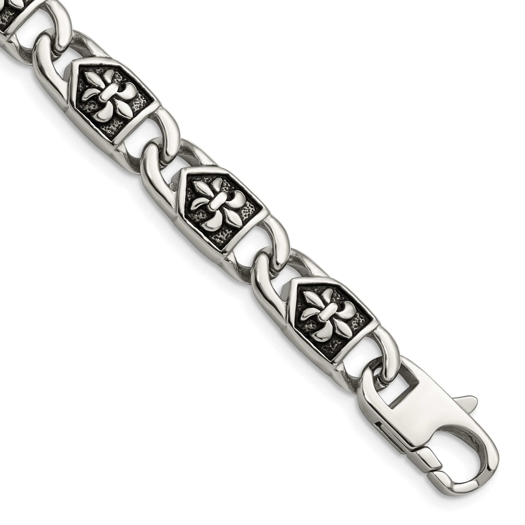 Chisel Stainless Steel Antiqued and Fleur de Lis 8.75" Link Bracelet