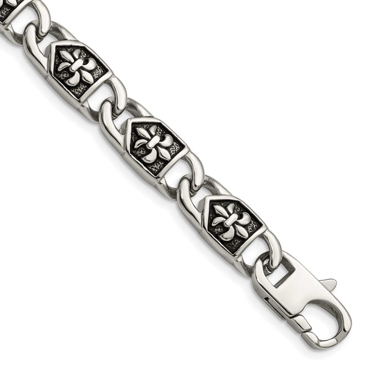 Chisel Stainless Steel Antiqued and Fleur de Lis 8.75" Link Bracelet