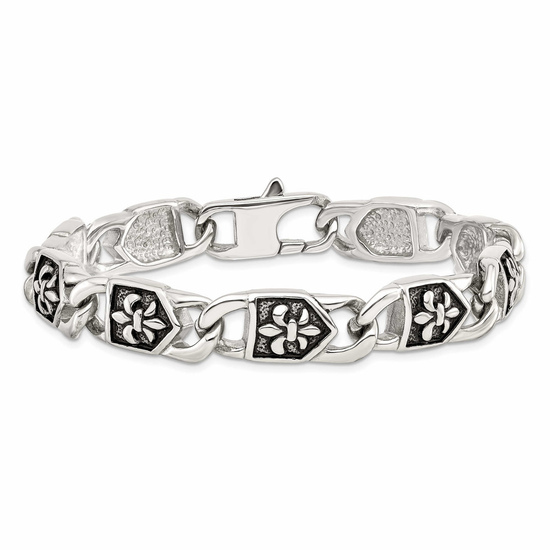 Chisel Stainless Steel Antiqued and Fleur de Lis 8.75" Link Bracelet