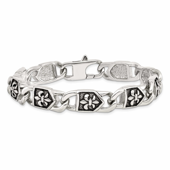 Chisel Stainless Steel Antiqued and Fleur de Lis 8.75" Link Bracelet