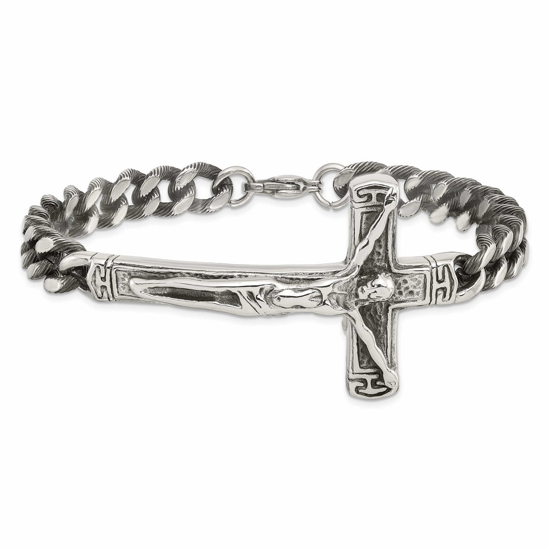 Chisel Stainless Steel Antiqued and Polished Crucifix 8.75" Bracelet