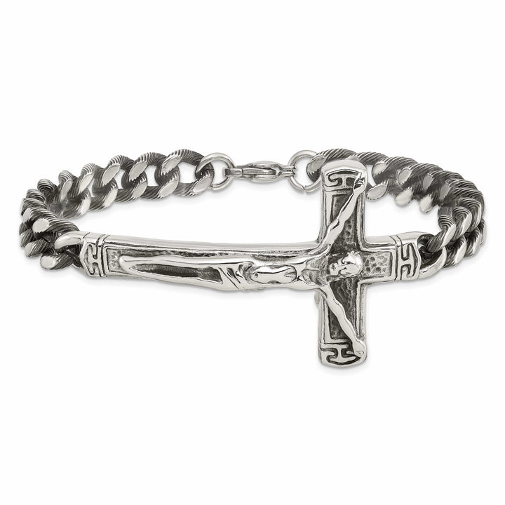 Chisel Stainless Steel Antiqued and Polished Crucifix 8.75" Bracelet