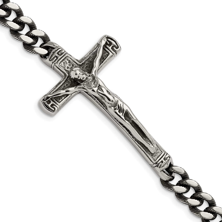 Chisel Stainless Steel Antiqued and Polished Crucifix 8.75" Bracelet