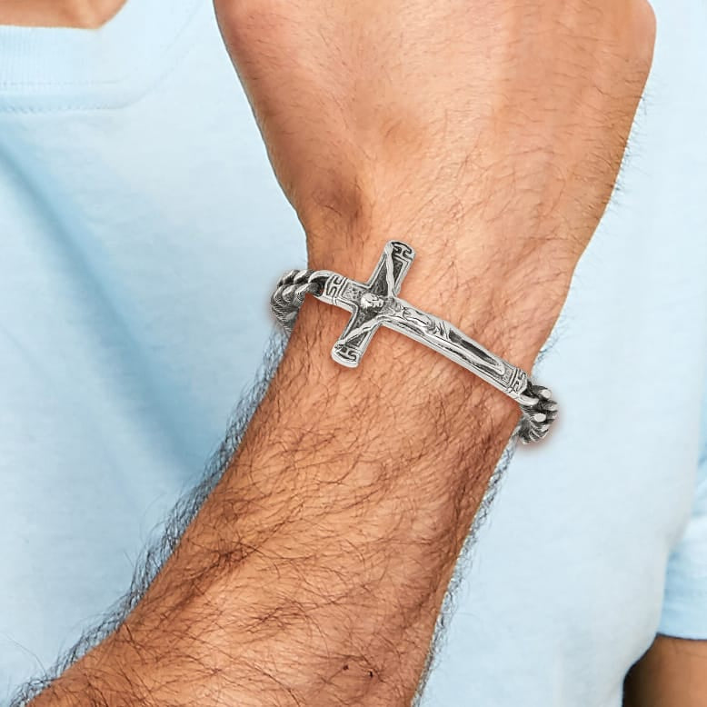 Chisel Stainless Steel Antiqued and Polished Crucifix 8.75" Bracelet
