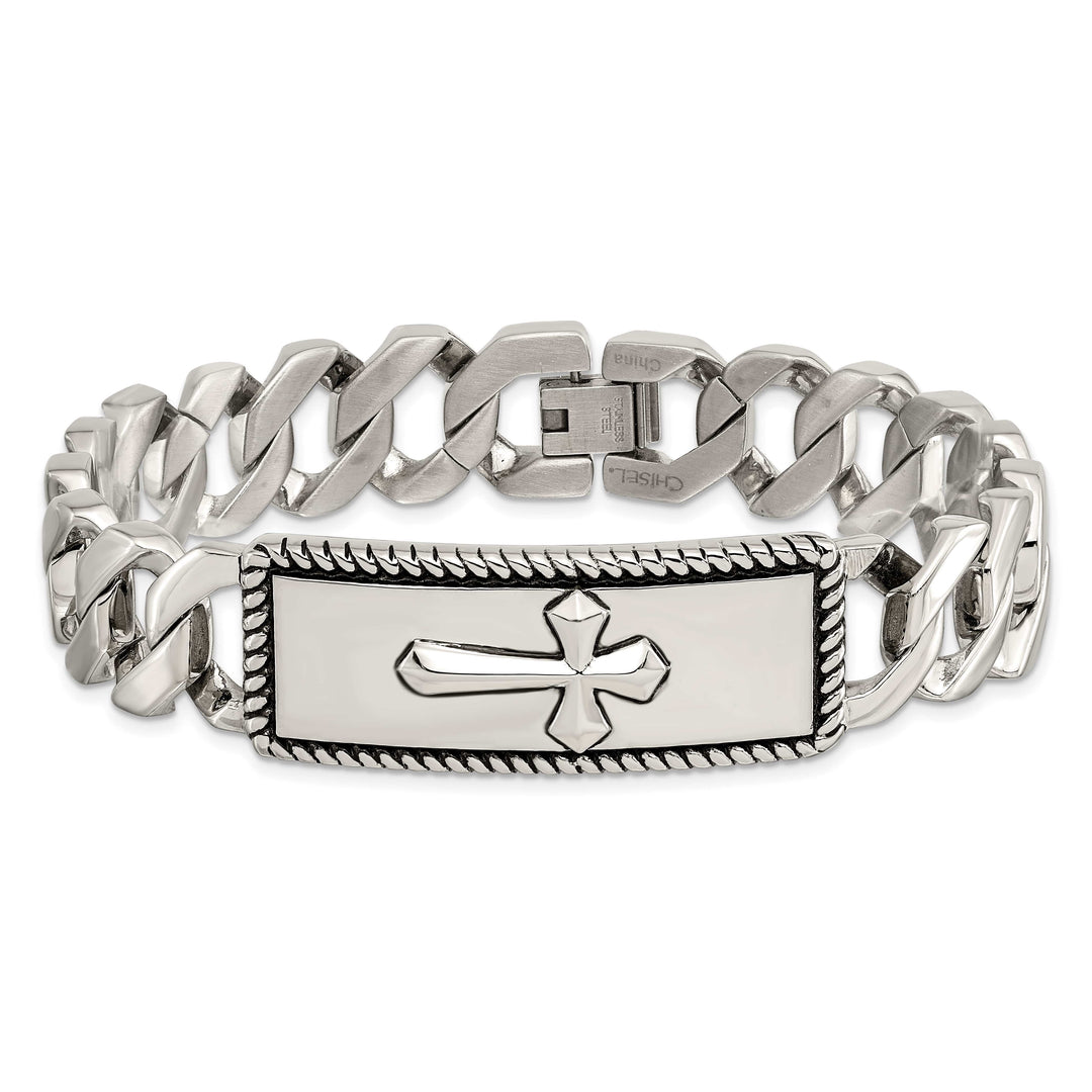 Chisel Stainless Steel Antiqued and Textured 8.5" Cross ID Bracelet