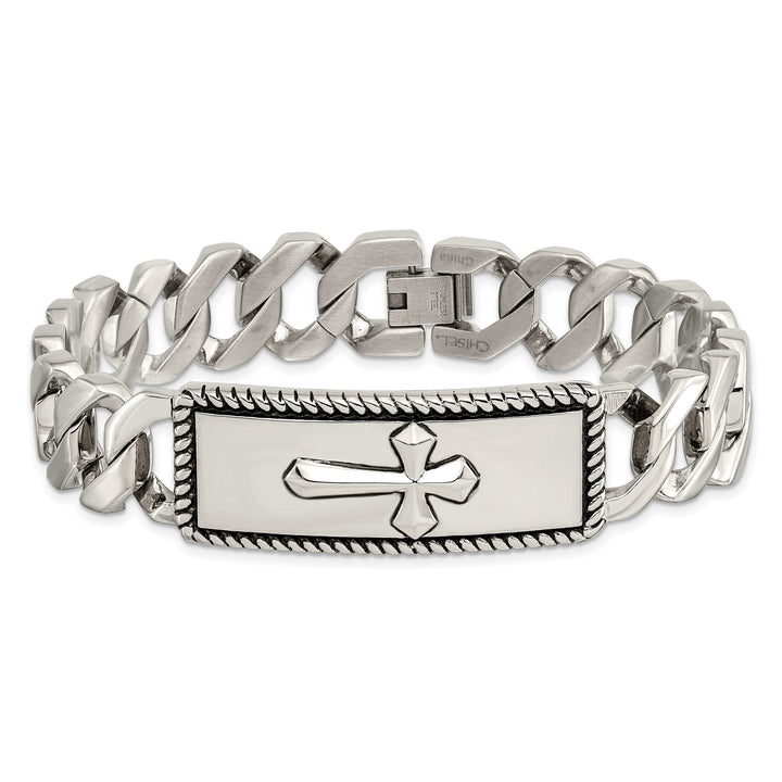 Chisel Stainless Steel Antiqued and Textured 8.5" Cross ID Bracelet