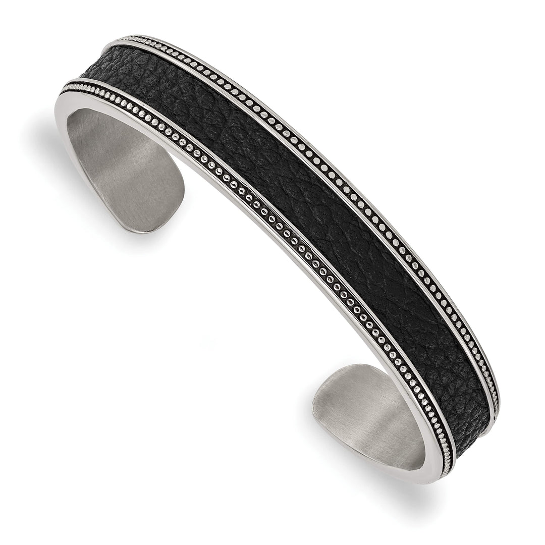Chisel Stainless Steel Antiqued and Textured Leather Inlay 12mm Cuff