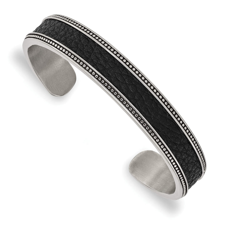 Chisel Stainless Steel Antiqued and Textured Leather Inlay 12mm Cuff