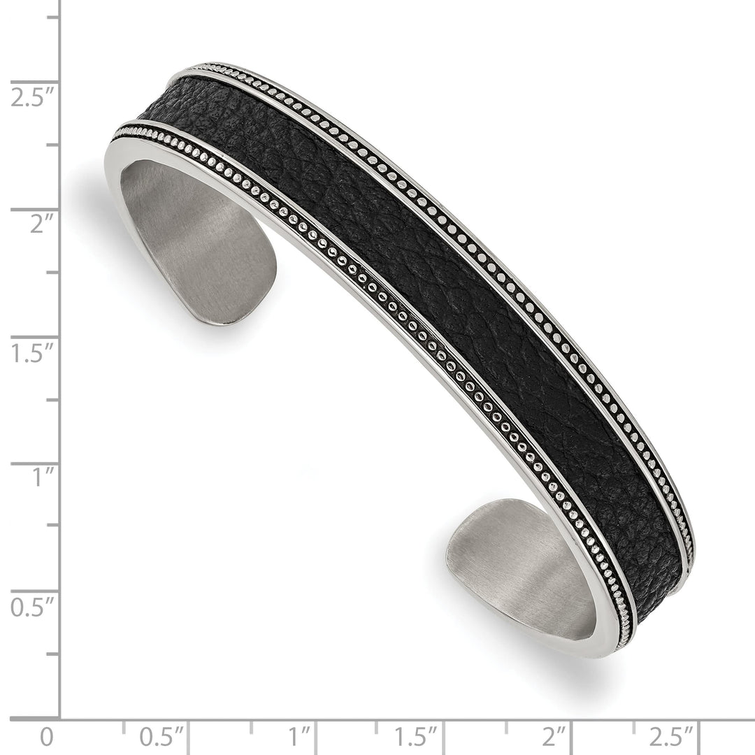 Chisel Stainless Steel Antiqued and Textured Leather Inlay 12mm Cuff