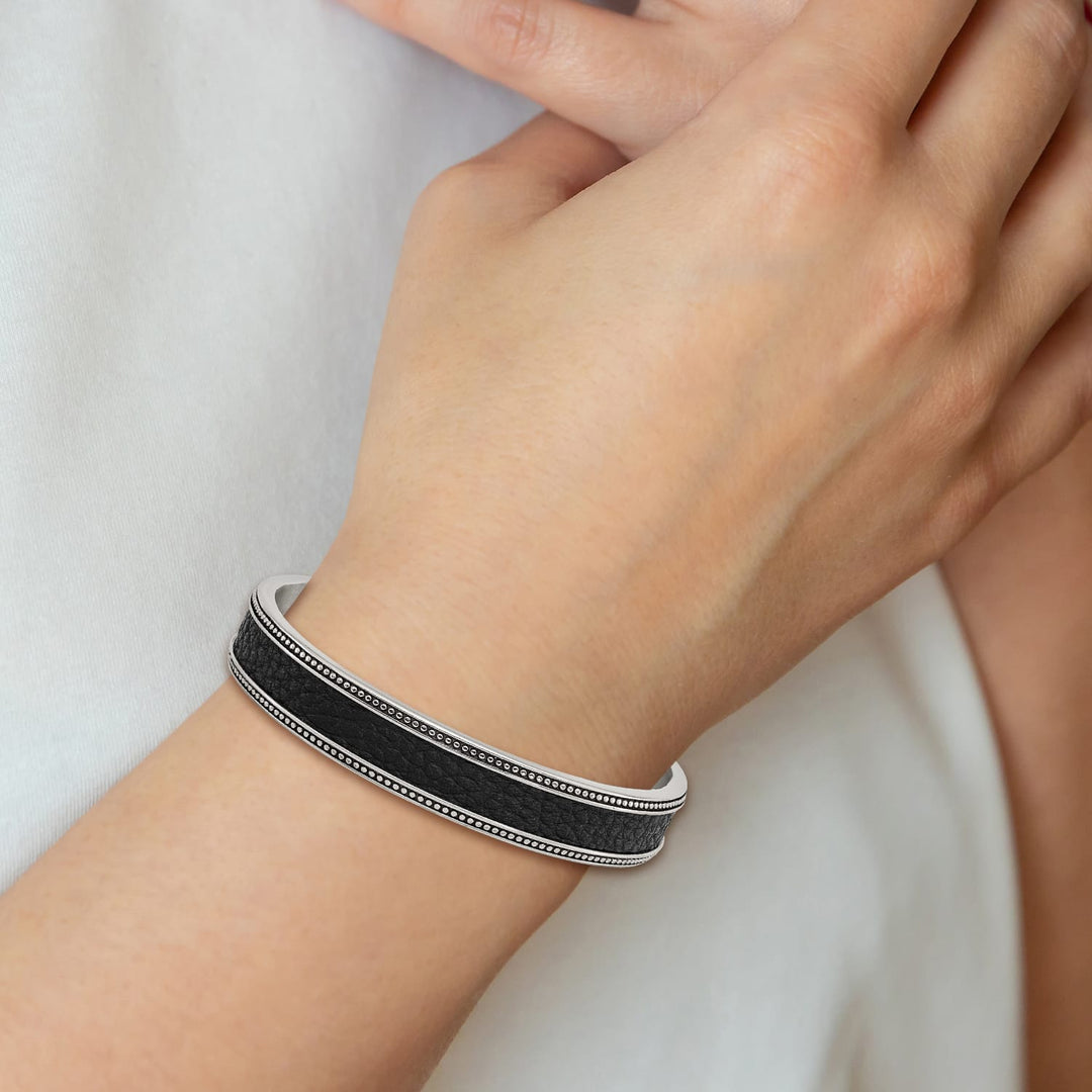 Chisel Stainless Steel Antiqued and Textured Leather Inlay 12mm Cuff