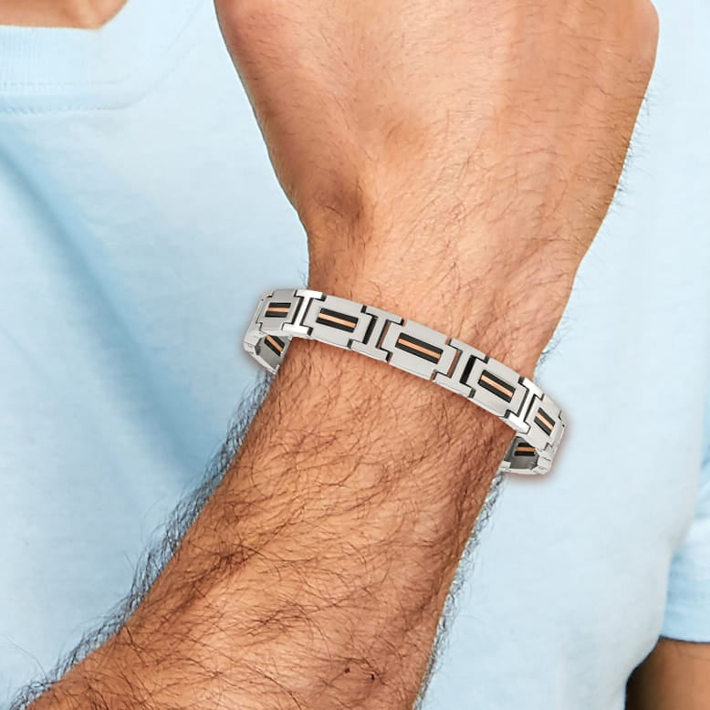 Chisel Stainless Steel Black and Rose IP-plated 8.5" Link Bracelet