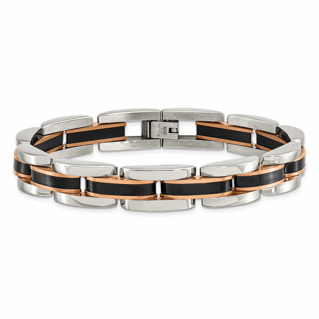 Chisel Stainless Steel Black and Rose IP-plated 8.5" Link Bracelet