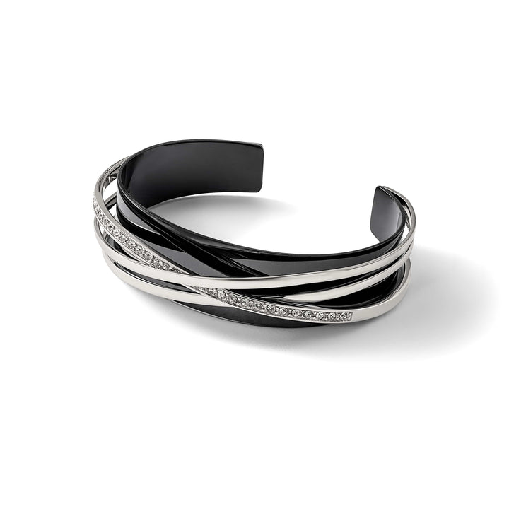 Chisel Stainless Steel Black IP-plated Crystals Layered Cuff Bangle