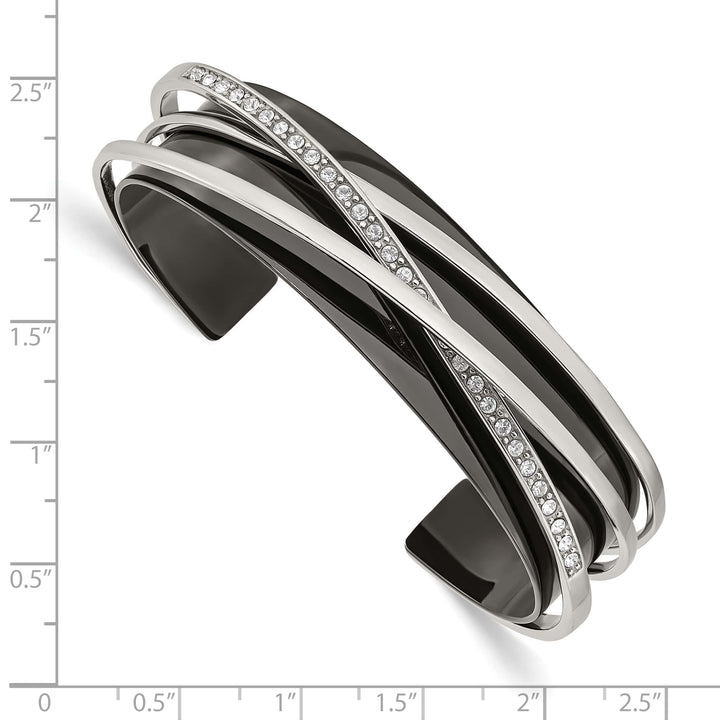 Chisel Stainless Steel Black IP-plated Crystals Layered Cuff Bangle
