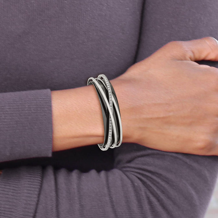 Chisel Stainless Steel Black IP-plated Crystals Layered Cuff Bangle