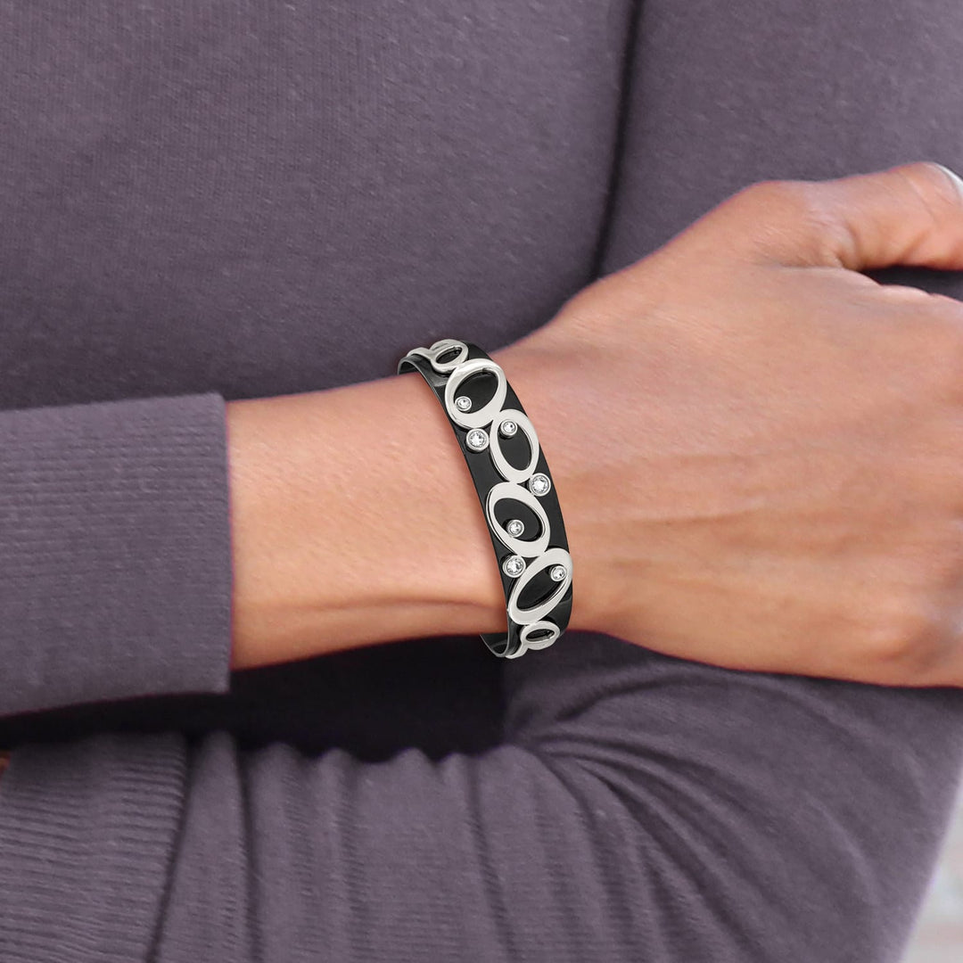 Chisel Stainless Steel Black IP-plated with Crystals Cuff Bangle