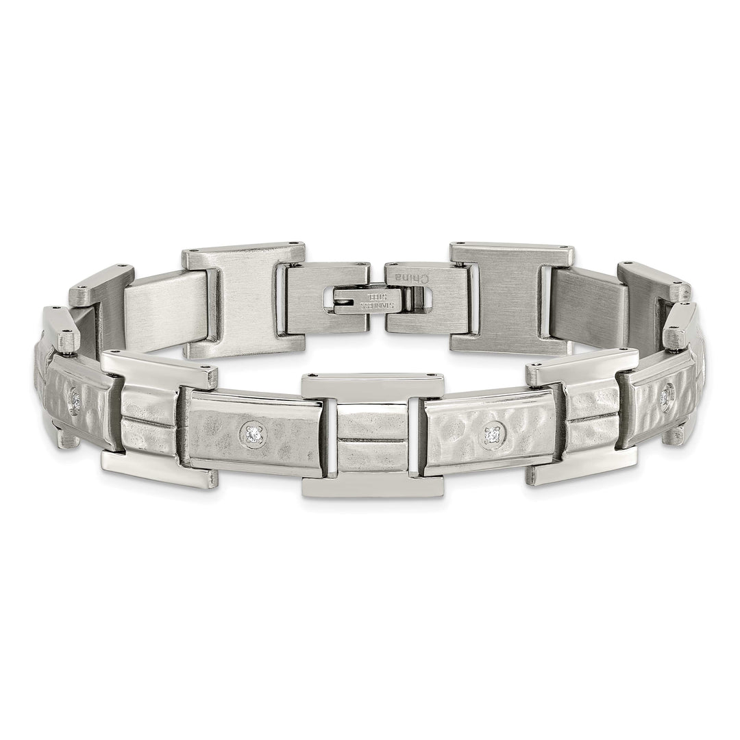 Chisel Stainless Steel Brushed and Hammered with CZ 8.5" Bracelet