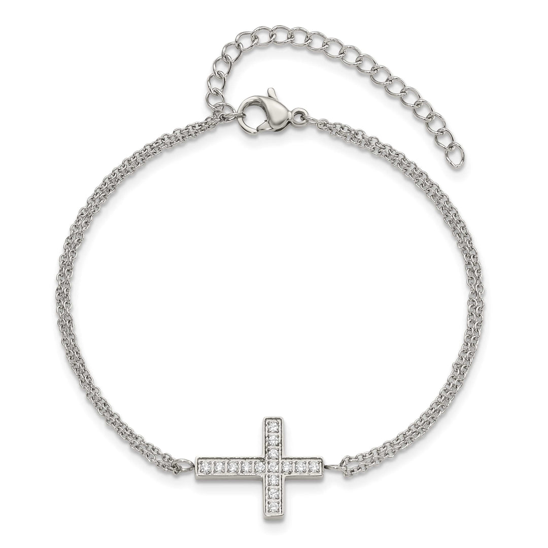 Chisel Stainless Steel CZ Sideways Cross 6.25" Bracelet with 2"