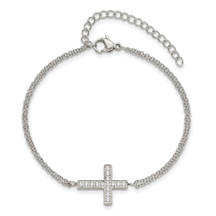Chisel Stainless Steel CZ Sideways Cross 6.25" Bracelet with 2"