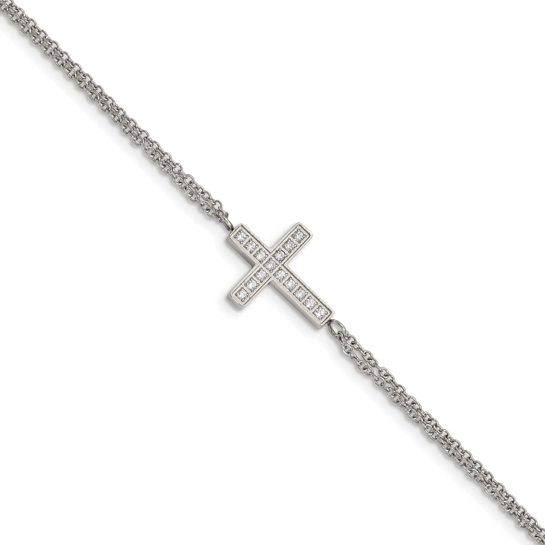 Chisel Stainless Steel CZ Sideways Cross 6.25" Bracelet with 2"