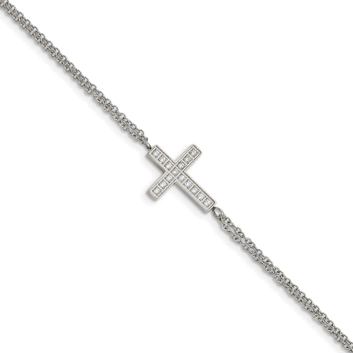 Chisel Stainless Steel CZ Sideways Cross 6.25" Bracelet with 2"