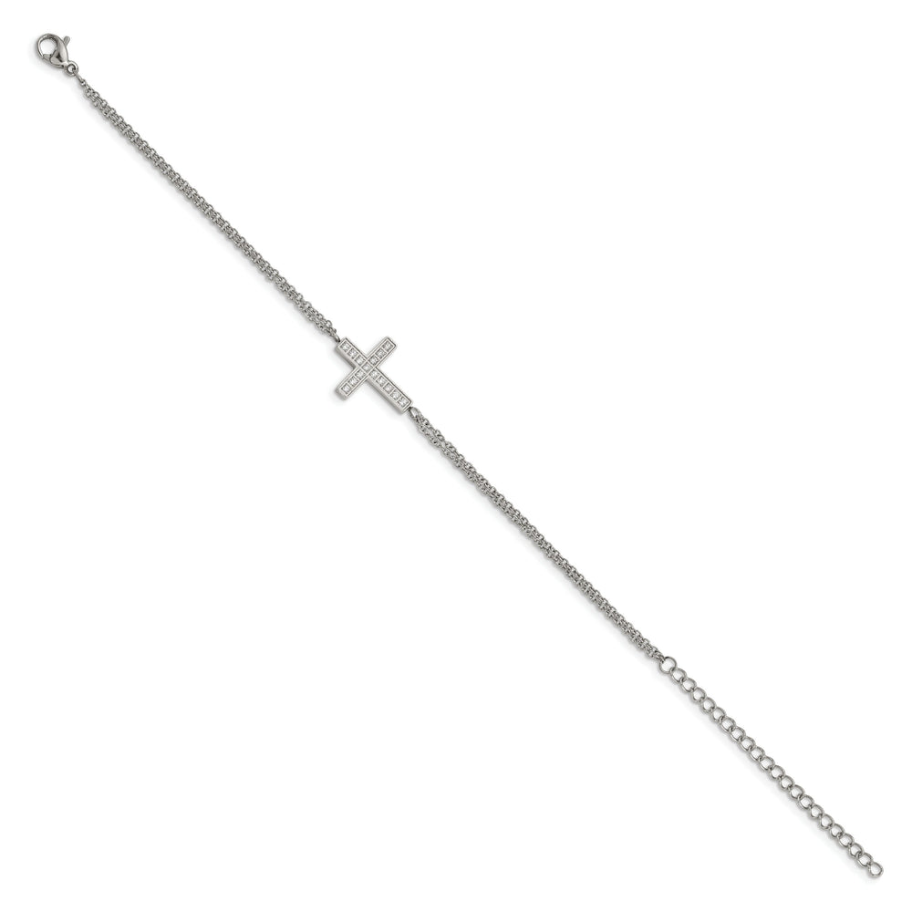 Chisel Stainless Steel CZ Sideways Cross 6.25" Bracelet with 2"