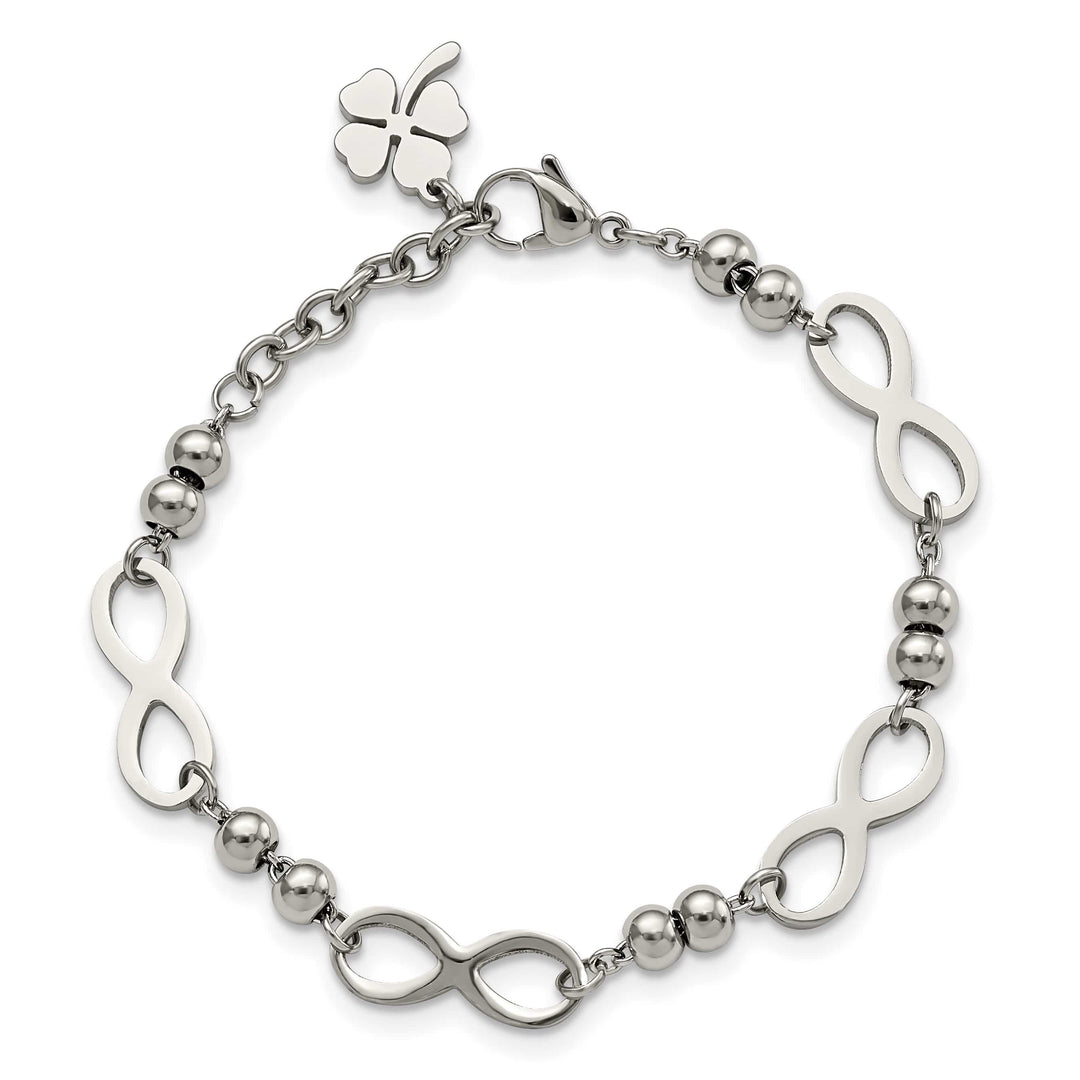 Chisel Stainless Steel Infinity Symbol Link with 4 Leaf Clover Charm