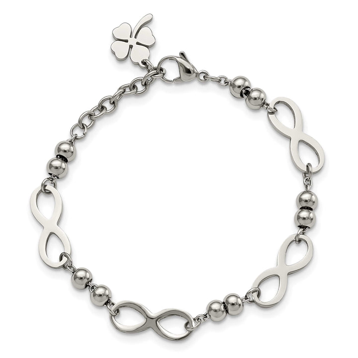 Chisel Stainless Steel Infinity Symbol Link with 4 Leaf Clover Charm