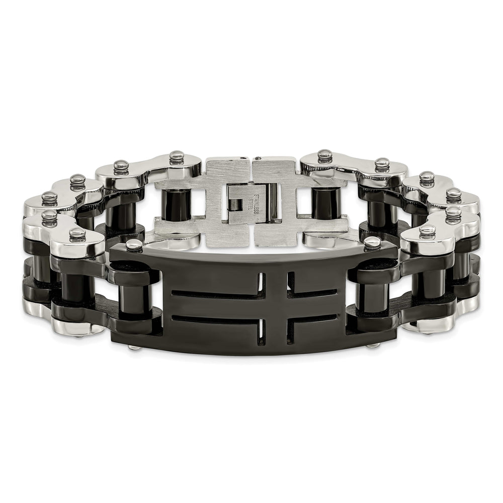 Chisel Stainless Steel Polished Black IP-plated 9" Cross ID Bracelet
