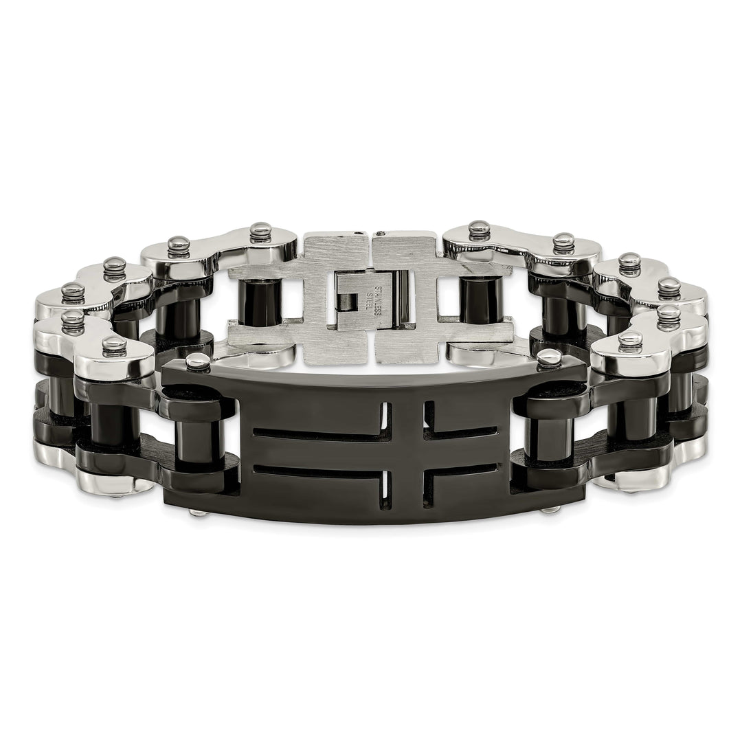 Chisel Stainless Steel Polished Black IP-plated 9" Cross ID Bracelet